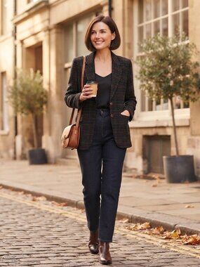 Vintage 90s Lizsport Navy  Plaid Wool Blend Blazer